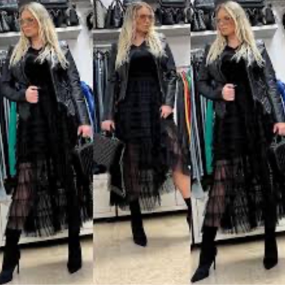 Zip up Long Bomber Jacket Tiered Mesh Black Tulle Layered Dress - Picture 9 of 10